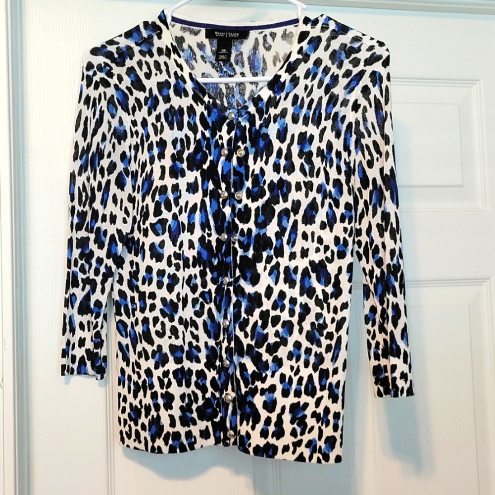White House Black Market Blue Leopard Print Cardigan Size XS